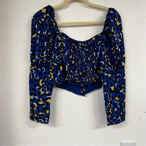 Rahi Blue Leopard Print Crop Puff Shoulder Boho Womens Blouse L Yellow Ruched - Picture 11 of 11
